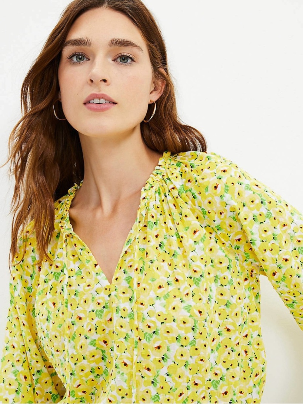 Ann Taylor LOFT Floral Clip Tie Neck 100% Cotton Blouse Ruffle Neckline - Picture 2 of 10